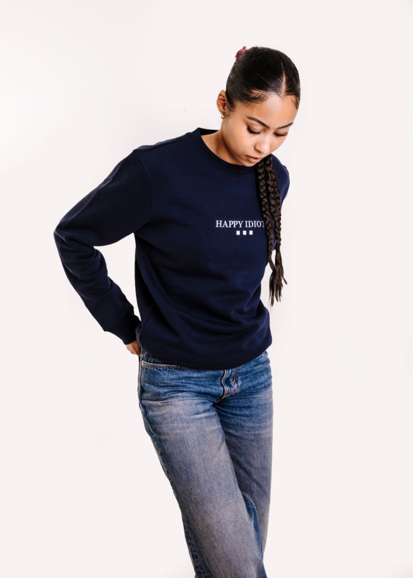 HAPPY IDIOT Womens Sweatshirt with Writing , navy blue front view