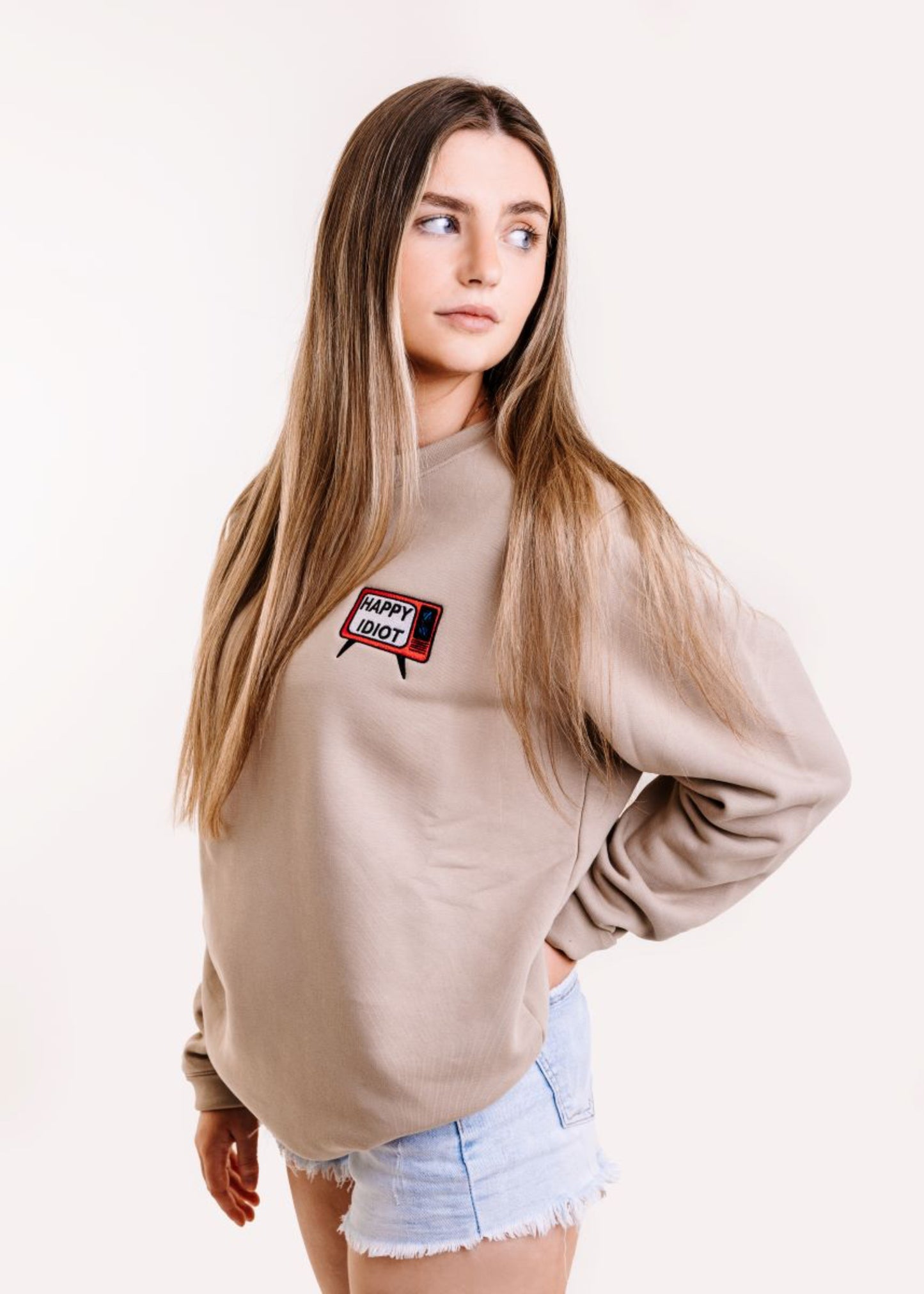 HAPPY IDIOT Tv Womens Sweatshirt, beige side view