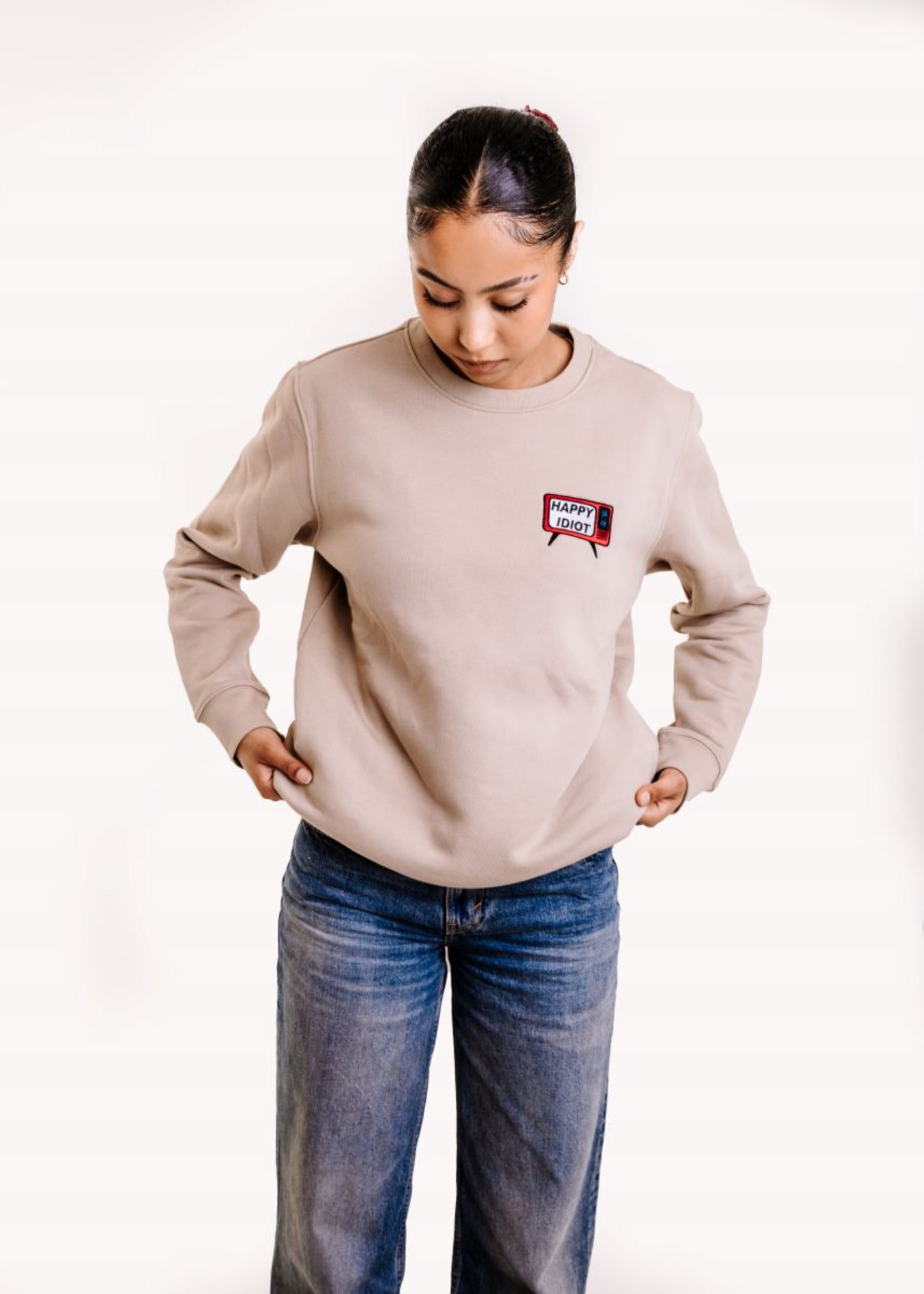 HAPPY IDIOT Tv Womens Sweatshirt, beige front view