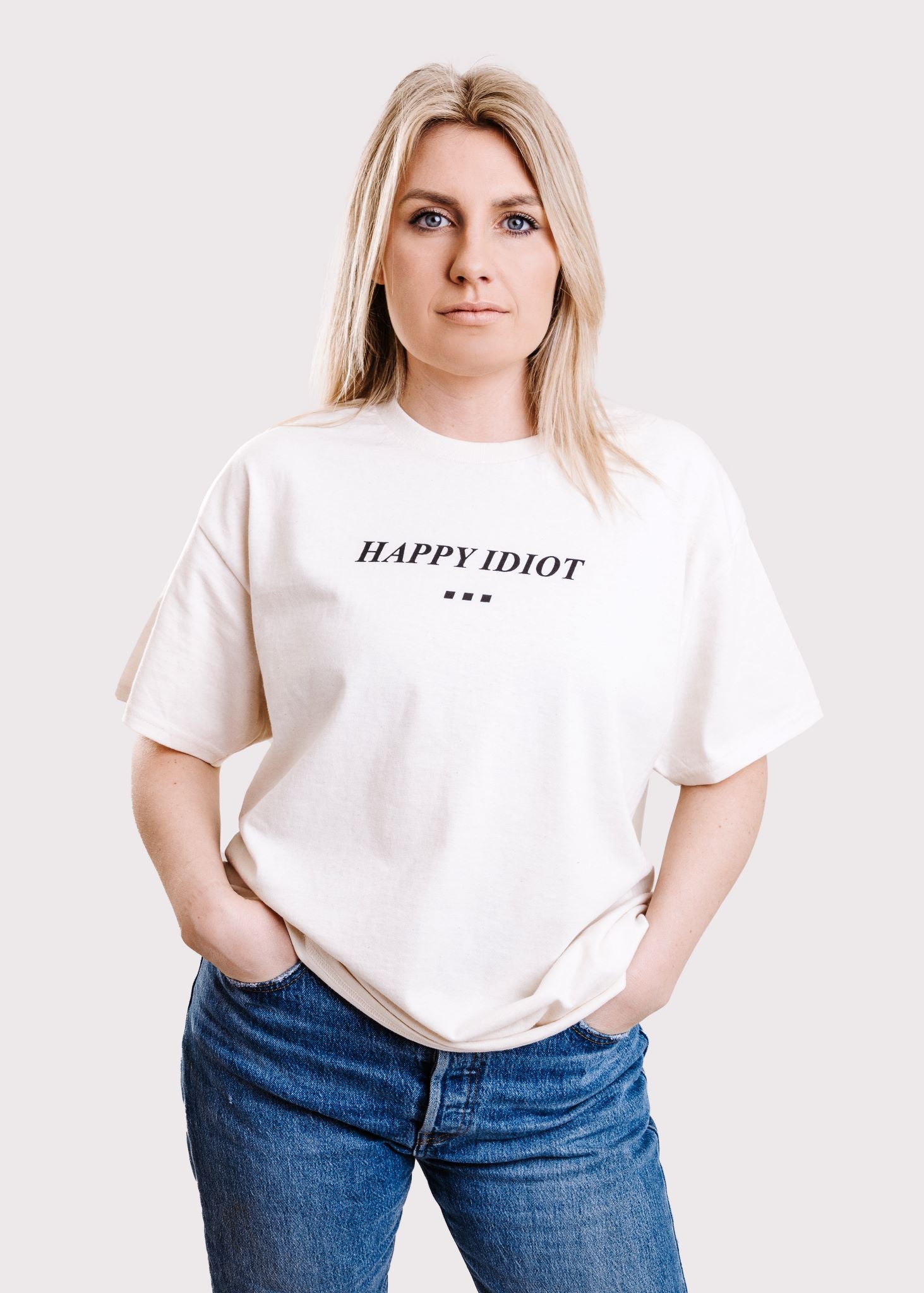 HAPPY IDIOT Zebra womens T-shirt, natural cotton colour front view 