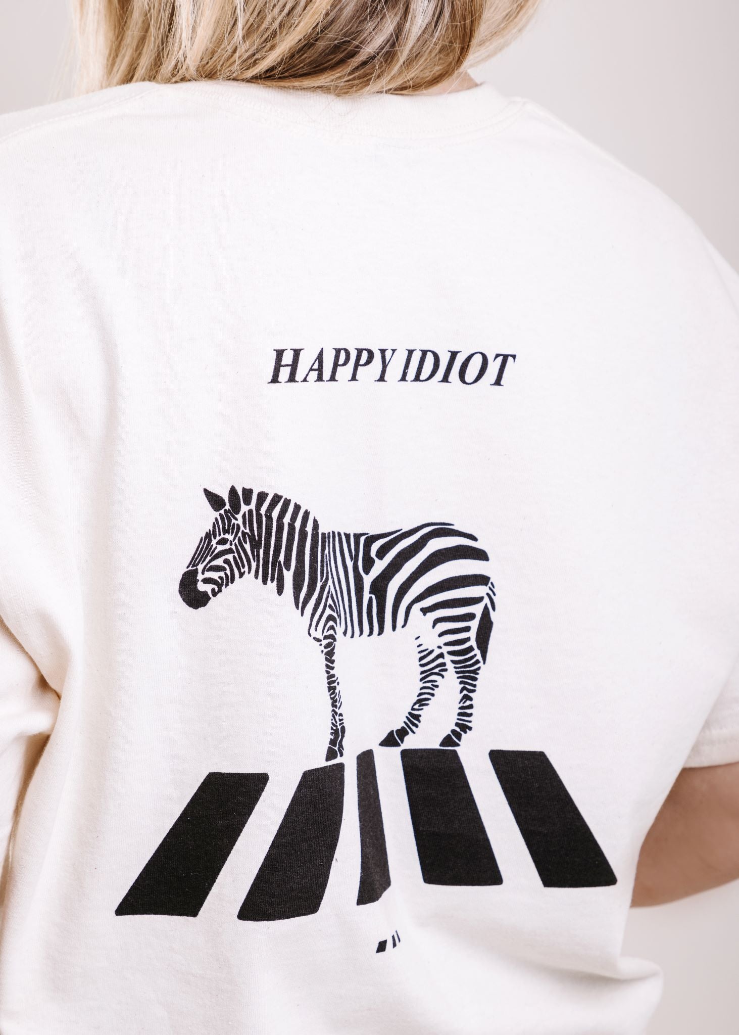 HAPPY IDIOT Zebra T-shirt, natural cotton colour back view 