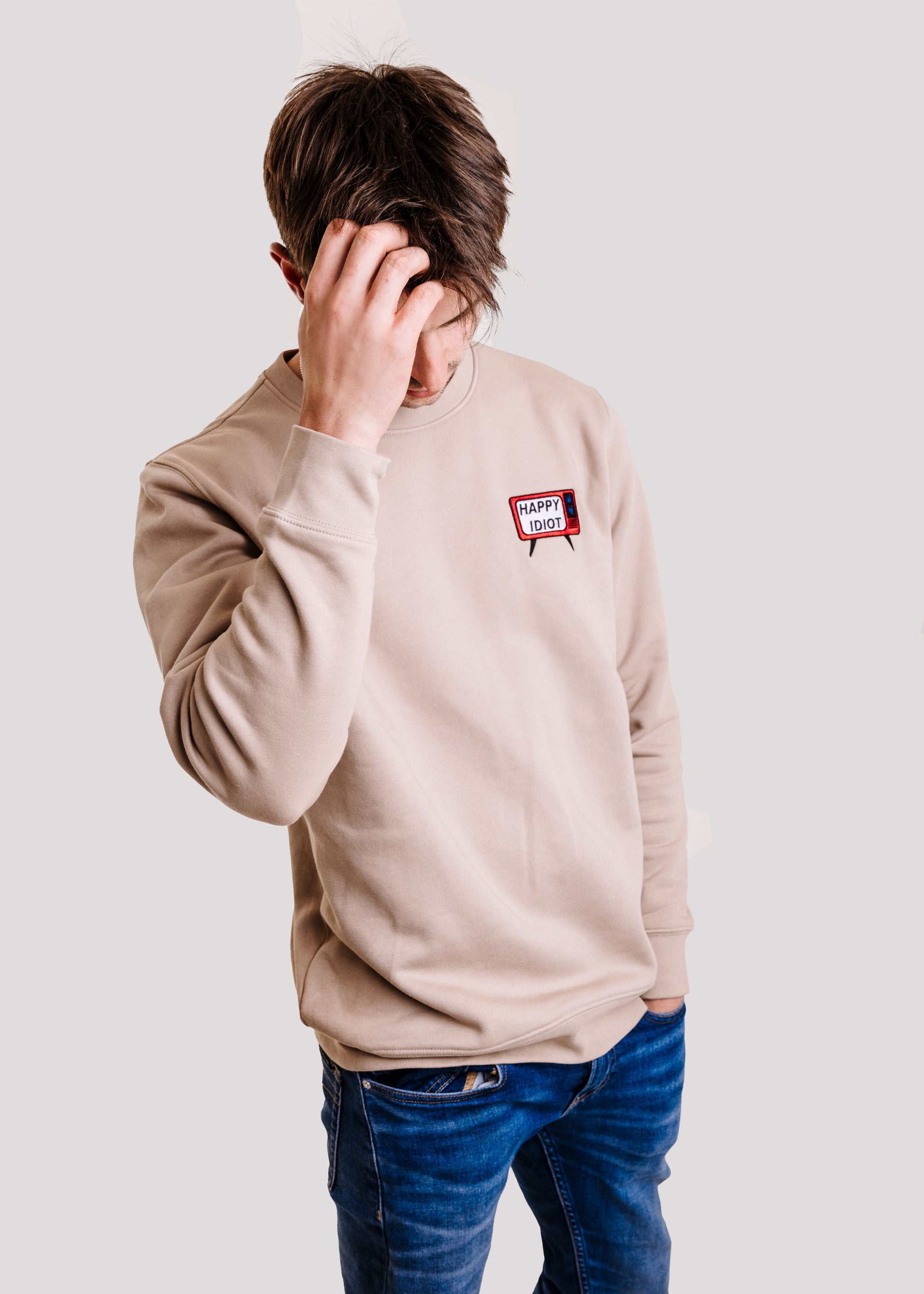 HAPPY IDIOT Tv Mens Sweatshirt, beige front view 