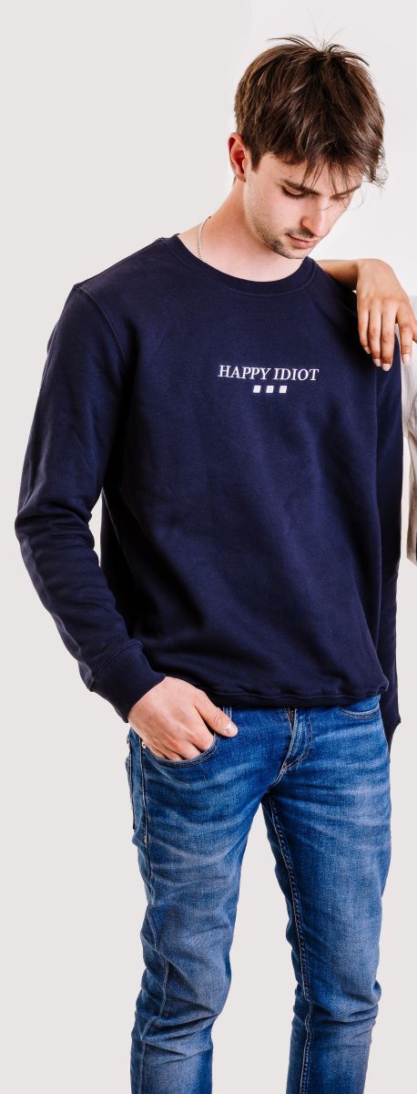 HAPPY IDIOT Mens Sweatshirt with Writing , navy blue front view