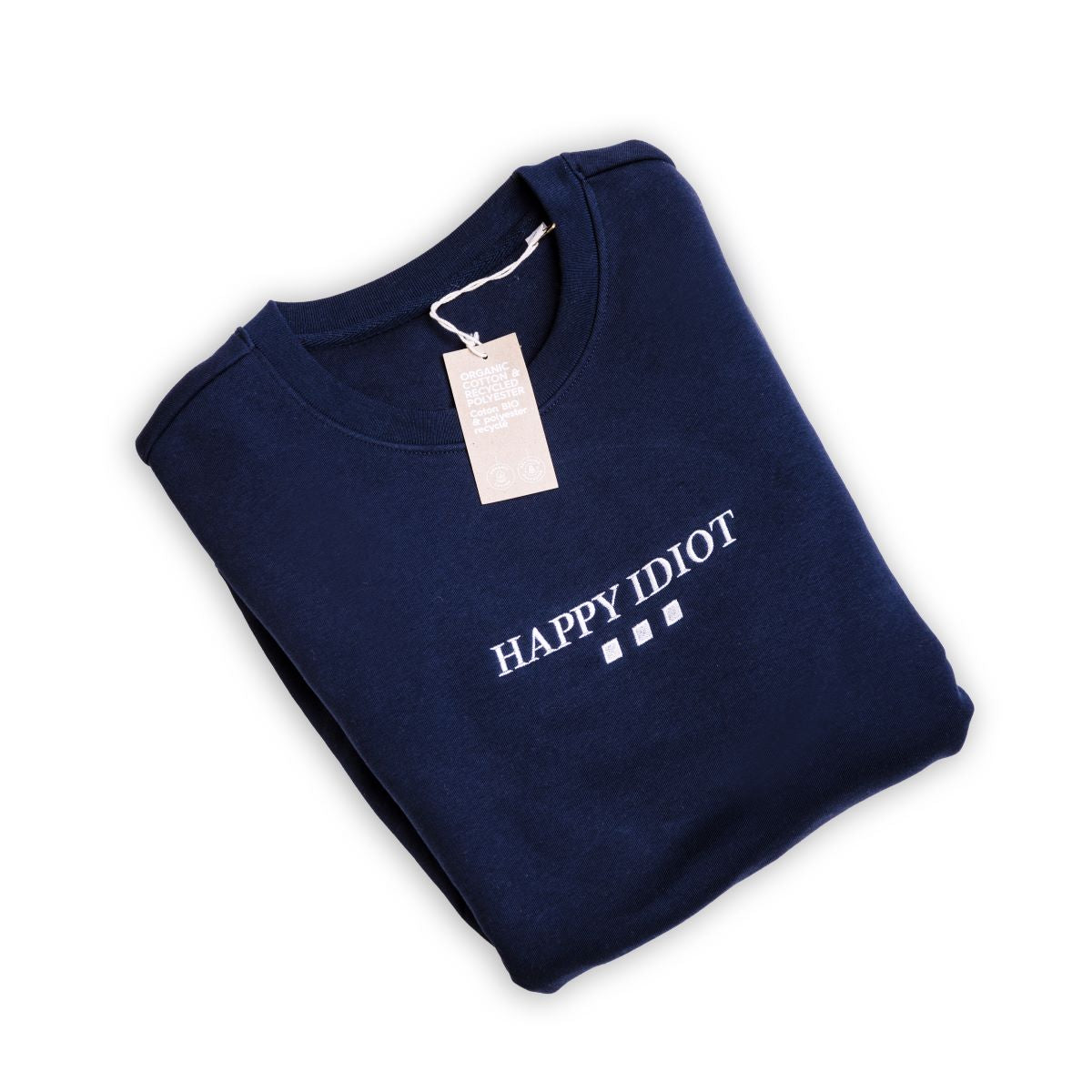 HAPPY IDIOT Sweatshirt with Writing , navy blue front view