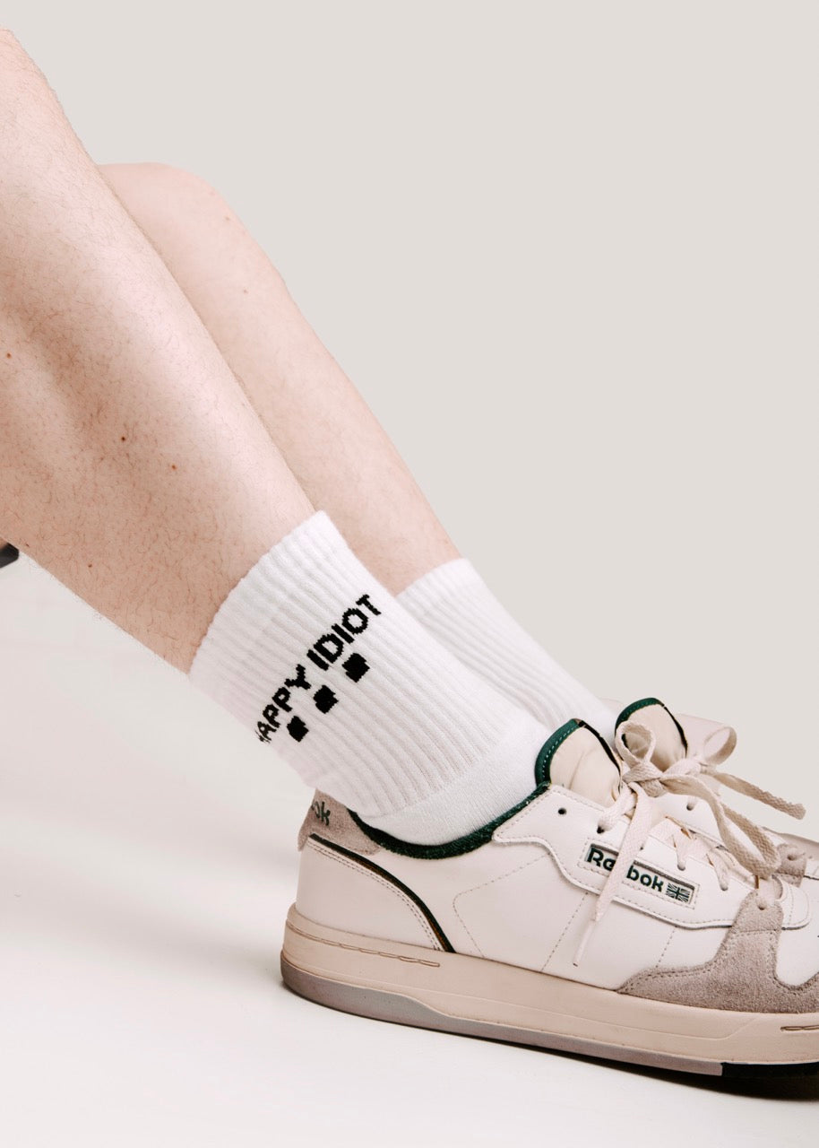 HAPPY IDIOT White Crew Socks (3 pairs)