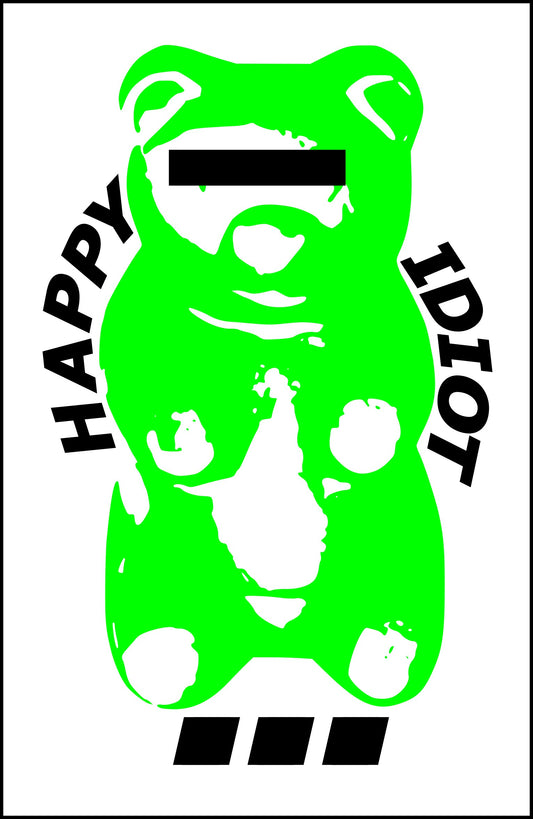 Green bear graphic with 'Happy Idiot' text on a white background